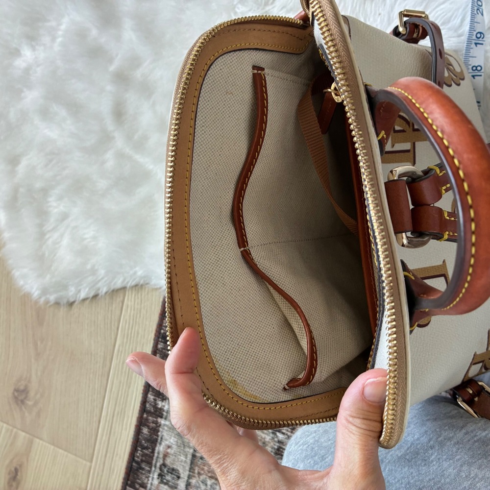 Dooney & Bourke Monogram Cream Tan Leather Trim Gold hardware Backpack Bag - Picture 15 of 16